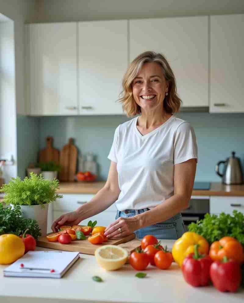 Confident woman slicing fresh vegetables in a modern kitchen – FitCareTips