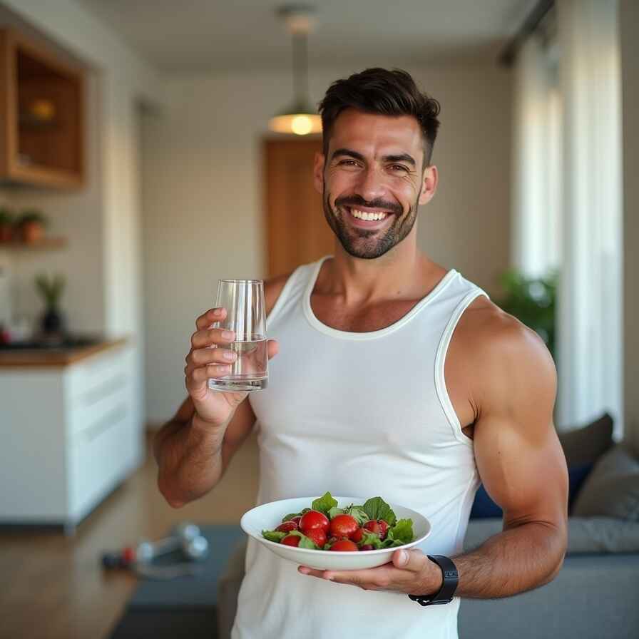 Smiling fit man enjoying a healthy salad in modern kitchen – FitCareTips