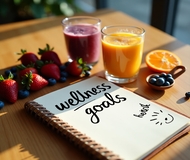 Flat lay of healthy smoothies and goals notebook – FitCareTips