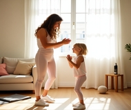 Mother and daughter doing home workout together in a bright living room – FitCareTips