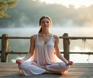 Woman meditating on a calm lake deck during early morning – FitCareTips