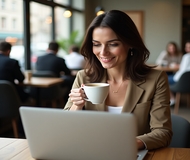 Professional woman browsing a health blog at a café with coffee and laptop – FitCareTips