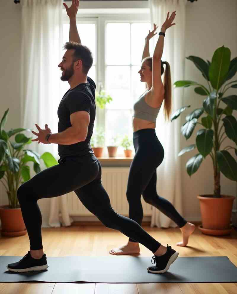 Energetic man and woman doing beginner yoga together indoors – FitCareTips