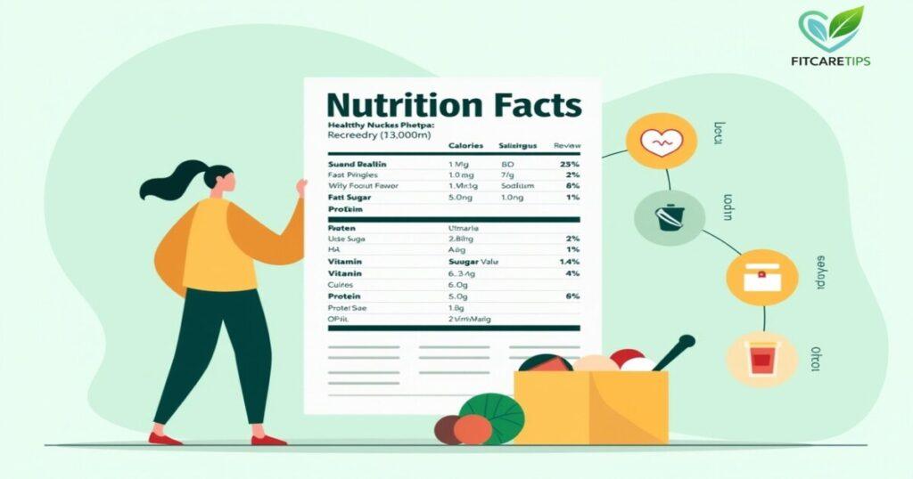 Nutrition Assistance guide with close-up of a nutrition facts label, showing food nutrients and calories – FitCareTips
