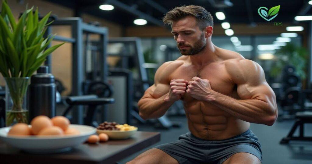 Alpha Fuel Men’s Health workout plan with a bodybuilder in the gym, eggs and beans - Fitcaretips