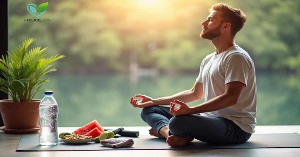 A man sitting in yoga pose with a water bottle and watermelon for hydration and energy - Fitcaretips