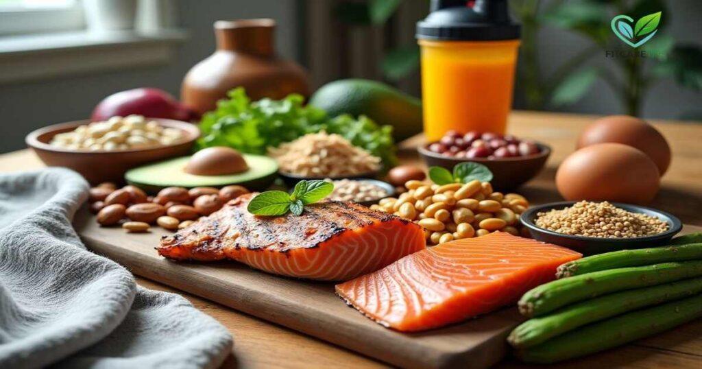 Protein foods like meat, eggs, salad, and shake on a table for strength and muscle growth - Fitcaretips