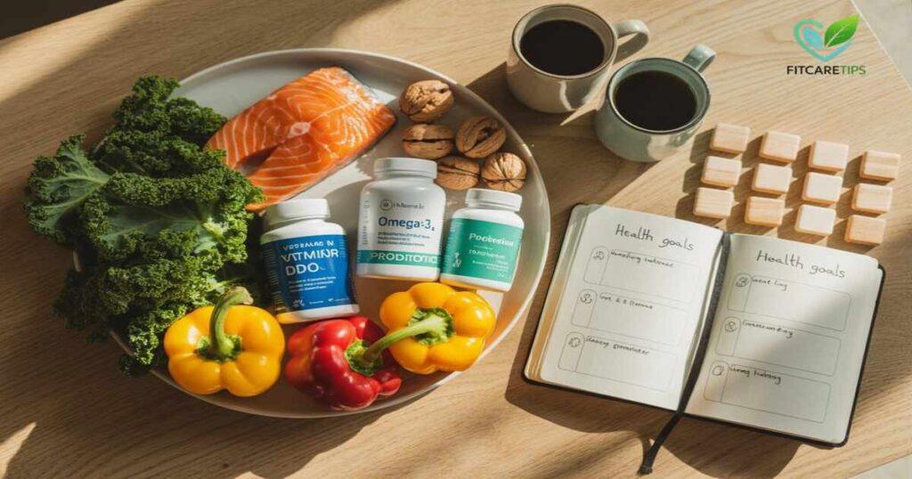 Tray with supplements, meat, and cabbage on table showing smart nutrition and supplementation for men - Fitcaretips