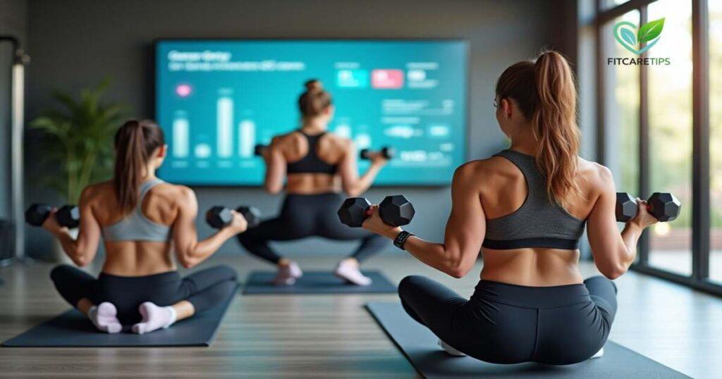 Three women on yoga mats with dumbbells and smartwatches, blurred fitness chart in front – FitCareTips