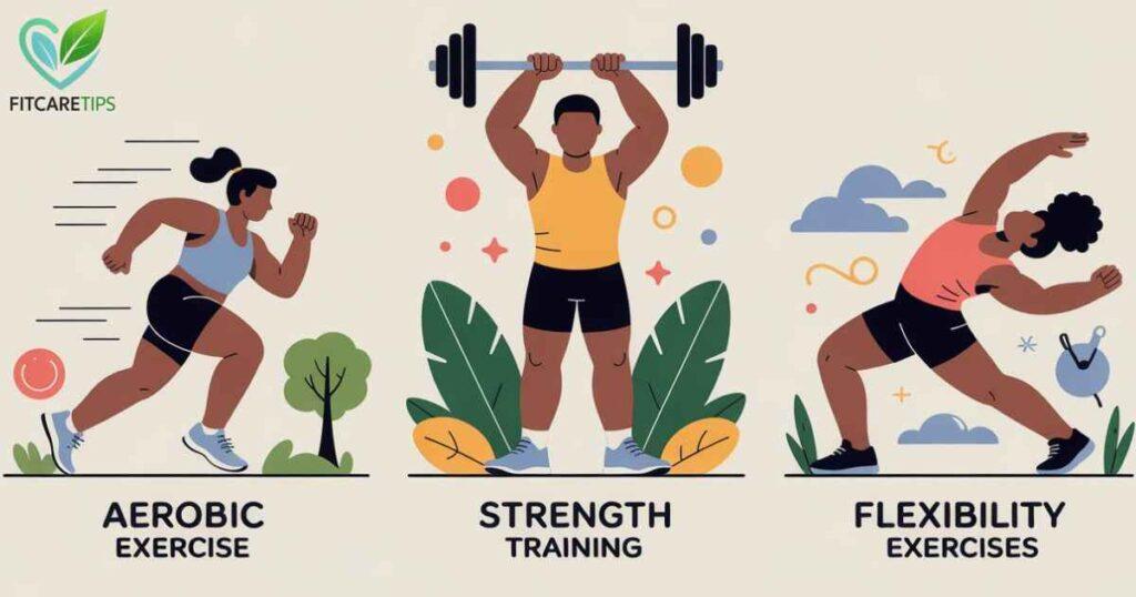 Beginner Exercises illustration of three types of exercise aerobic, strength, flexibility – FitCareTips