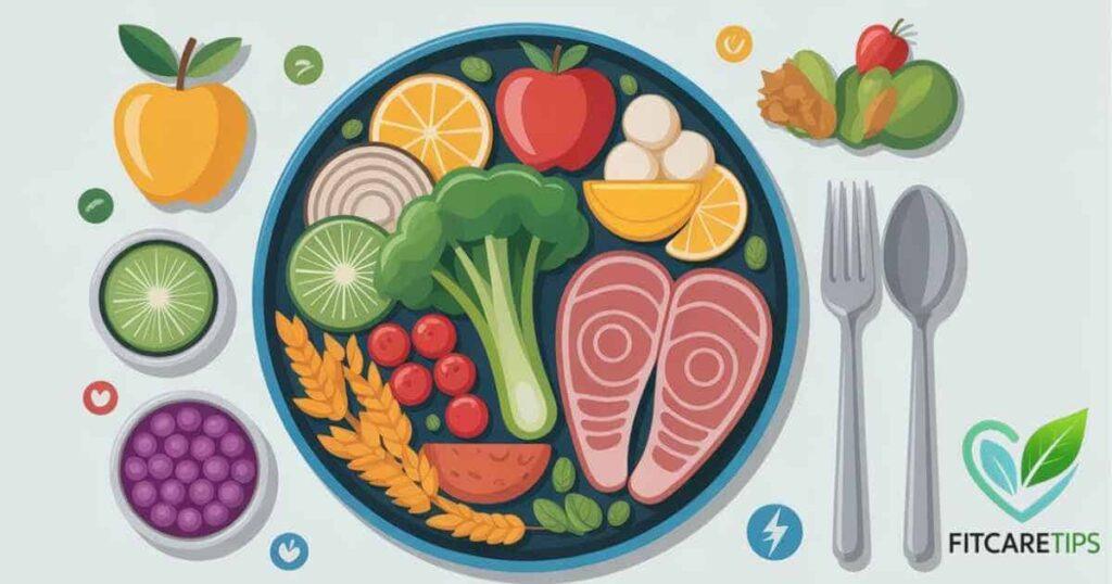Beginner Fitness Guide balanced nutrition with protein, fruits, vegetables, and grains – FitCareTips