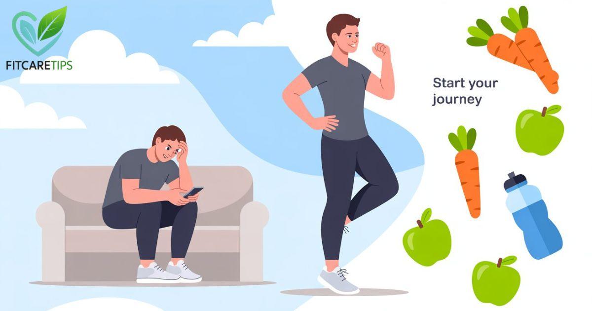 Beginner Fitness Guide illustration of man transforming from couch to exercising outdoors with healthy food – FitCareTips