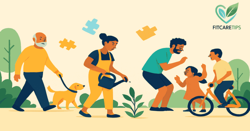 People walking dogs, gardening, cycling, and playing games outdoors, illustrating how exercise and mental health are connected through everyday movement – FitCareTips