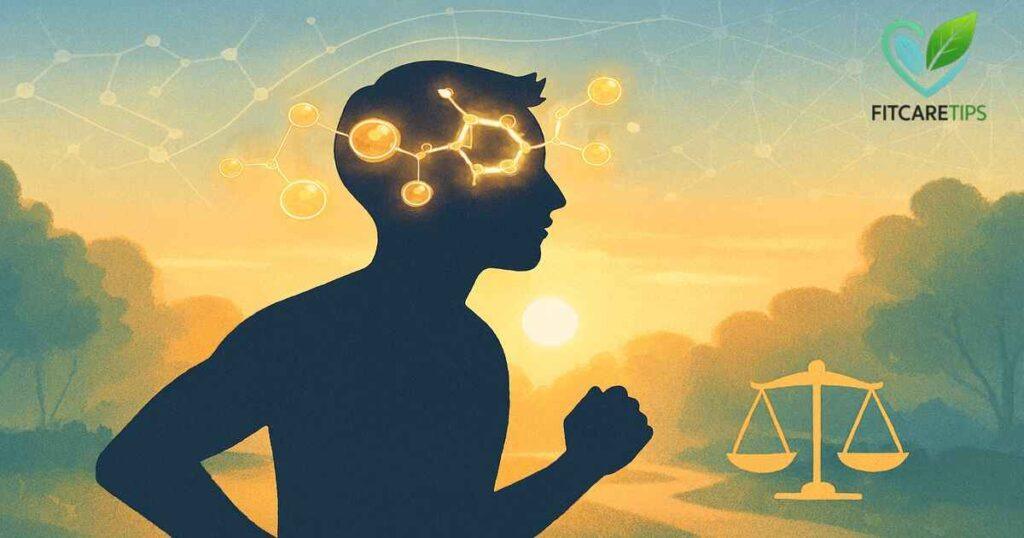 Person jogging in sunrise light with glowing endorphins, symbolizing Exercise and Mental Health – FitCareTips