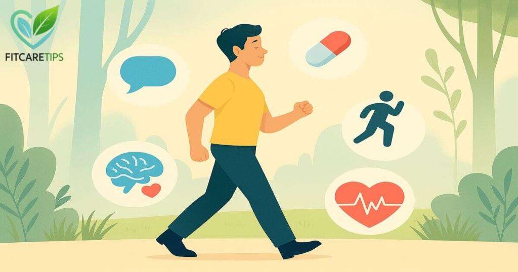 Person walking outdoors with icons for therapy, medication, exercise, and mind-body balance – FitCareTips
