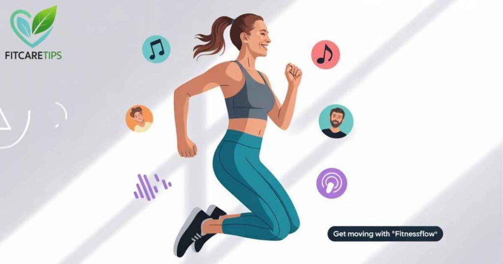 Person exercising happily with music and podcast icons, showing long-term motivation and enjoyment – FitCareTips short
